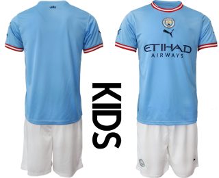 Otroški Nogometni dresi Manchester City Domači 2023 Kratek Rokav + Kratke hlače