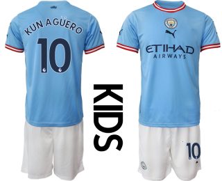 Otroški Nogometni dresi Manchester City Domači 2023 Kratek Rokav + Kratke hlače KUN AGÜERO 10