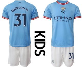 Otroški Nogometni dresi Manchester City Domači 2023 Kratek Rokav + Kratke hlače EDERSON M.31